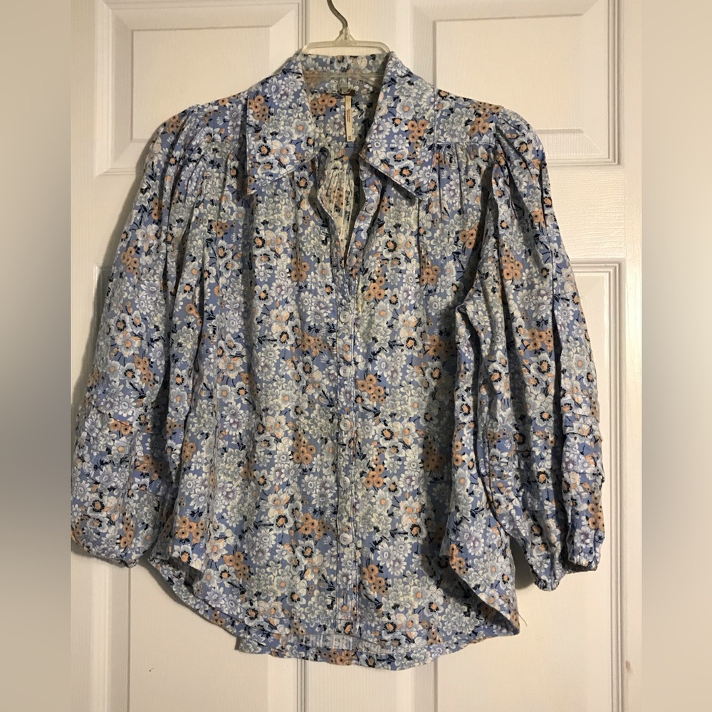 Free People Floral Blue Button-Up Women's Top XS - Picture 2 of 6